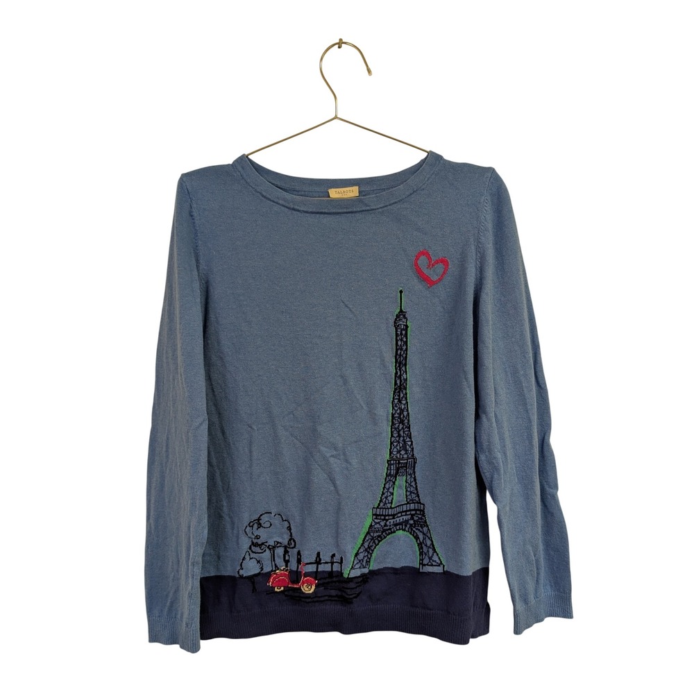 Talbots Eifel Tower Sweater Paris Novelty Print 100% Cotton Blue Medium